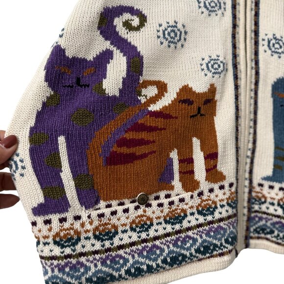 Icelandic Designs Whimsical Cats Colorful Full Zip Cardigan Sweater Size Medium - Picture 5 of 8